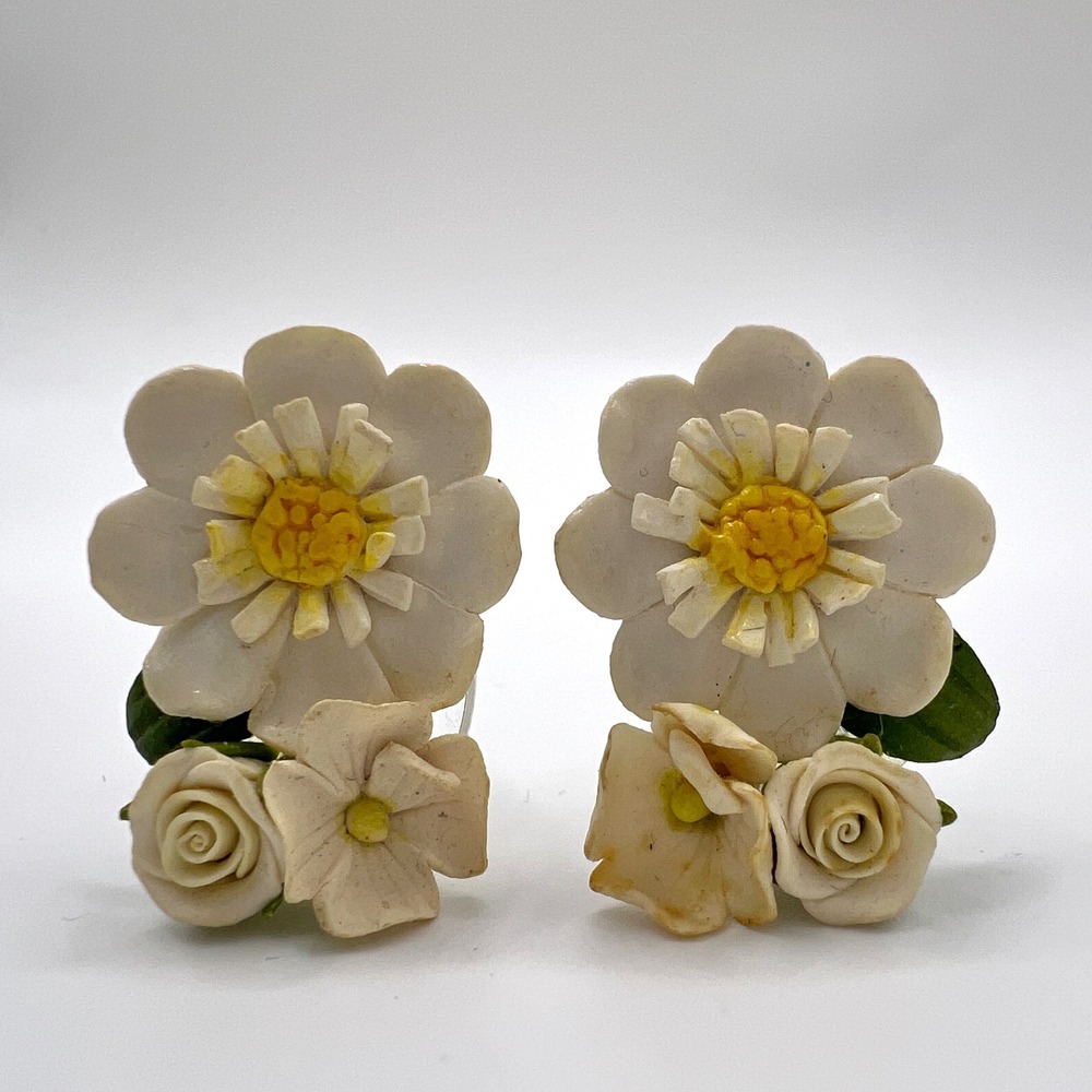 Vintage Floral Clip On Earrings White Daisy Rose Botanical Garden Style